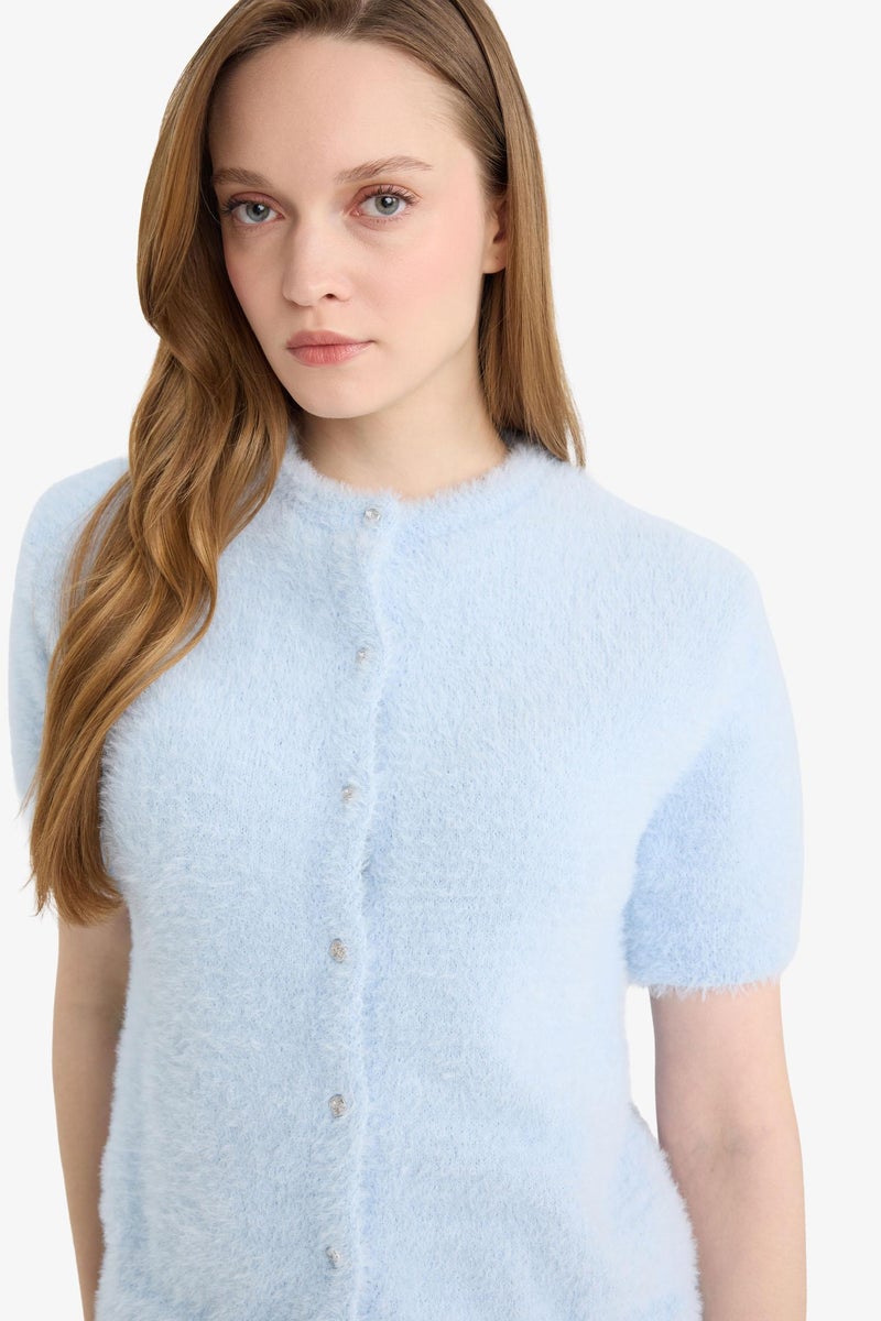 DeFacto Blue Woman Regular Fit Crew Neck Knitwear Cardigan Casual - Image 4